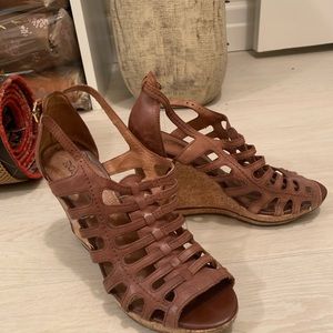 Rosegold Brand Brown Leather Sandal Wedge Heel with Cork, Size 38